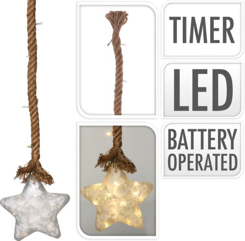 LED STAR light dimensiune 20cm, pe frânghie 95cm cu timer, perlă de sticlă
