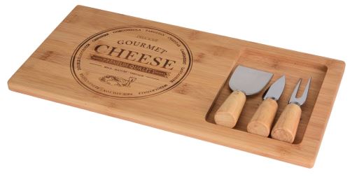 Tablă de brânză din bambus, set de 4 piese (placă 38x18,5x1,5cm, 2x cuțit, 1x furculiță)