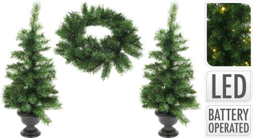 Set de Crăciun (2 copaci de 90 cm în ghiveci, 1 ghirlandă de 53 cm + lumini) verde