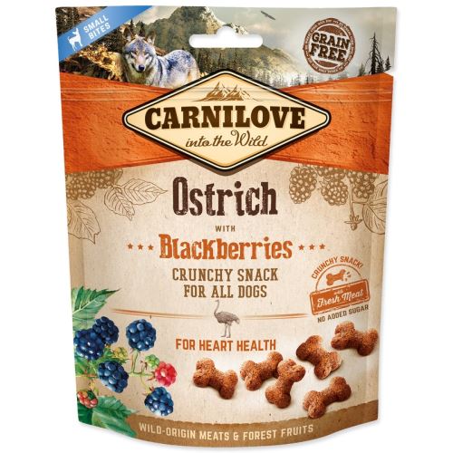 CARNILOVE Snack crocant pentru câini Ostrich Ostrich cu mure cu carne proaspătă 200 g